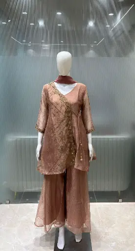 [2932] Metallic Rose Gold Glass Tissue Angrakha Co-Ord Set