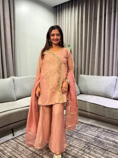 [2932] Metallic Rose Gold Glass Tissue Angrakha Co-Ord Set
