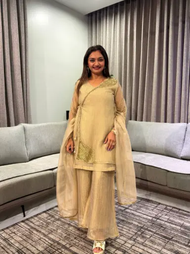 [2933] Champagne Gold Glass Tissue Angrakha Co-Ord Set