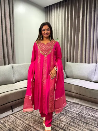 [2935] Rani Pink Dola Silk Banarasi Panels & Zardozi Yoke Suit Set