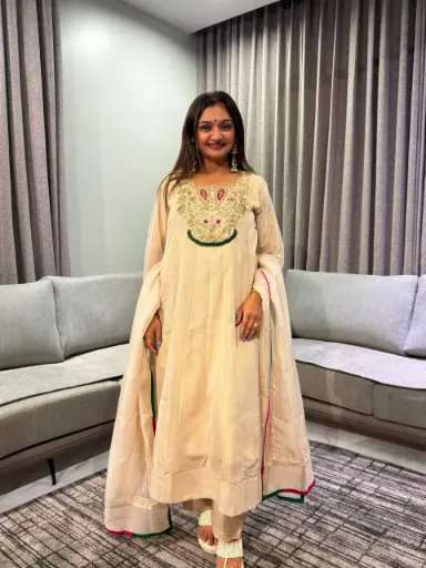 [2936] Beige Gold Festive Tissue Hand-Embroidered Anarkali Suit Set