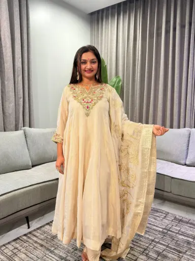 [2937] Beige Gold Festive Tissue Zardozi & Threadwork Anarkali Set
