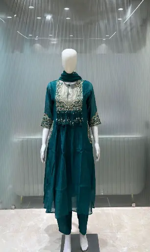 [2938] Teal Green Dola Silk Hand-Embroidered Tassel Anarkali Set