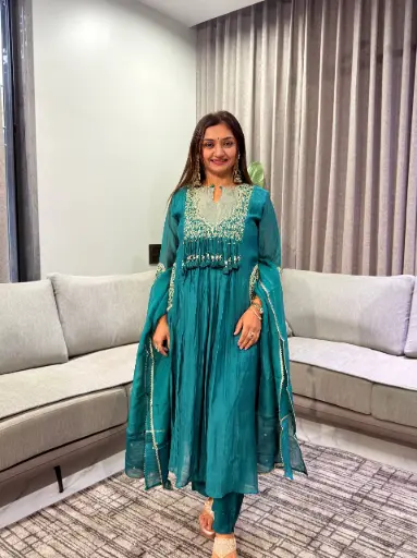 [2938] Teal Green Dola Silk Hand-Embroidered Tassel Anarkali Set