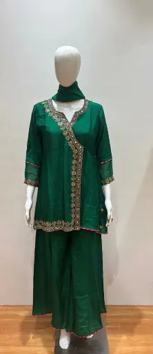 [2941] Emerald Green Dola Silk Angrakha Co-Ord Set