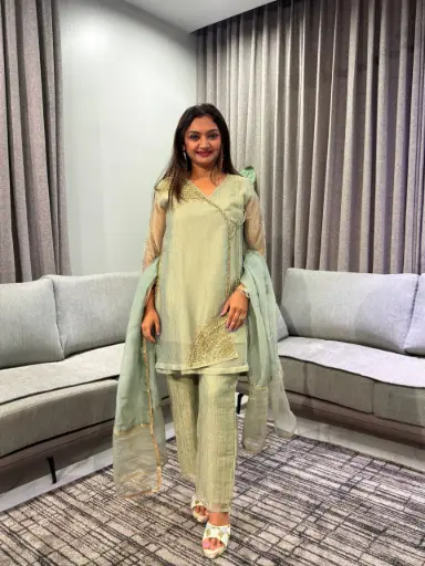 [2943] Pista Green Glass Tissue Angrakha Co-Ord Set