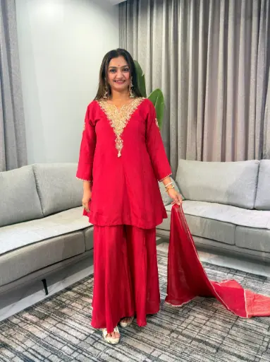 [2945] Crimson Red Dola Silk Heavy Embroidered Neck Co-Ord Set