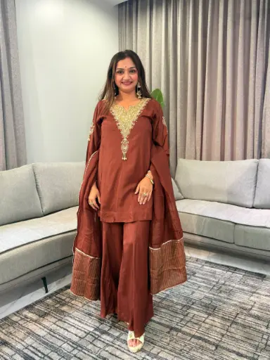 [2947] Chocolate Brown Dola Silk Heavy Embroidered Neck Co-Ord Set