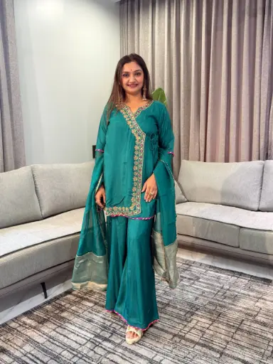 [2948] Emerald Green Dola Silk Angrakha Sharara Co-Ord Set