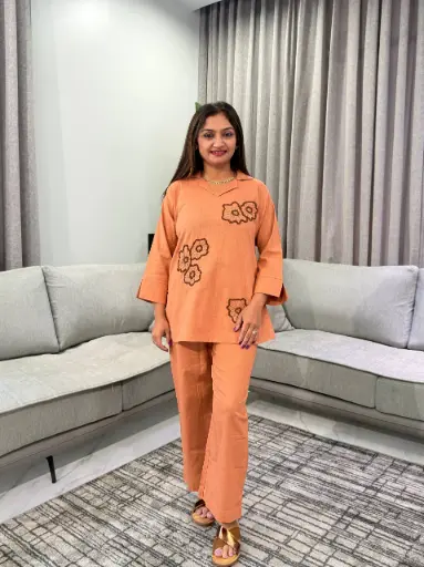 [2953] Rust Orange Flex Cotton Embroidered Notch Collar Co-Ord Set
