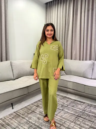 [2954] Olive Green Flex Cotton Embroidered Notch Collar Co-Ord Set