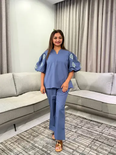 [2961] Slate Blue Cotton Embroidered Puff Sleeve Co-Ord Set