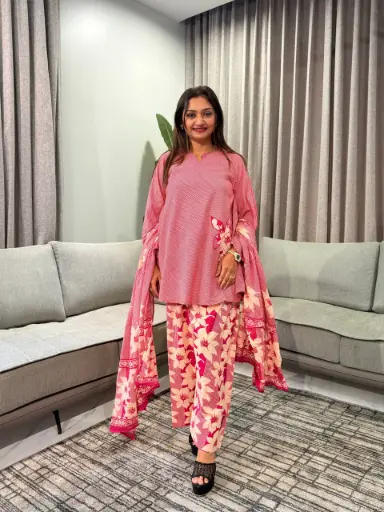 [2965] Pink Striped Cotton A-Line Co-Ord Set