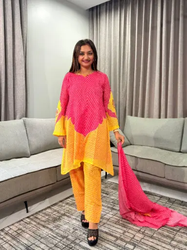 [2968] Pink & Yellow Kota Doriya Leheriya Kurta Set
