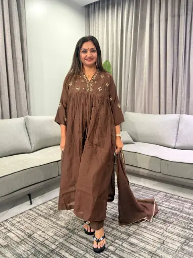 [2970] Coffee Brown Banarasi Mull Chanderi Anarkali Suit