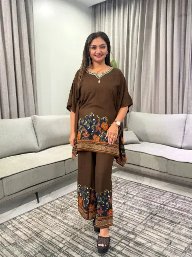 [2971] Chocolate Brown Discharge Rayon Floral Kaftan Co-Ord Set