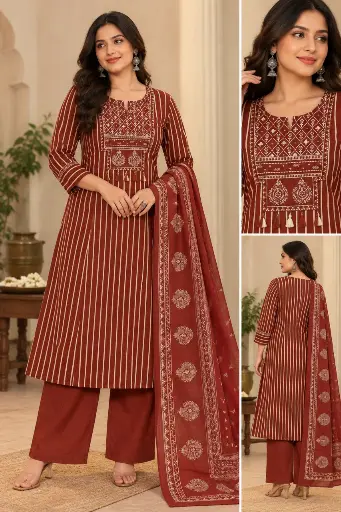 [2975] Rust Brown & Beige Striped Cotton Printed Kurta Set