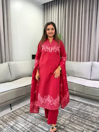 [2976] Crimson Red Cotton Floral & Striped Printed Kurta Set