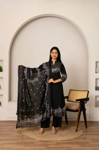 [2977] Jet Black Cotton Floral & Striped Printed Kurta Set