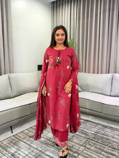 [2978] Maroon Floral Print Cotton Kurta Set with Tassels