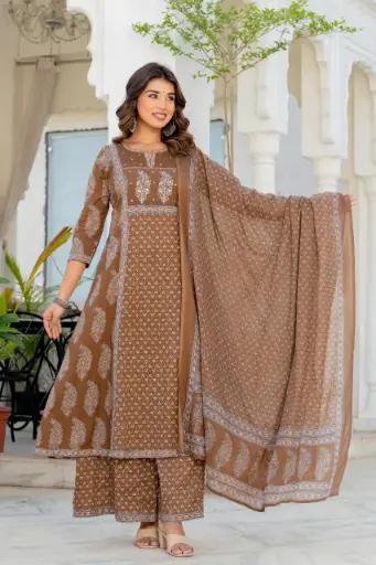 [2979] Earthy Brown Cotton Ethnic Printed Kalidar Kurta Set