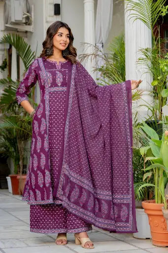 [2980] Purple Floral Print Cotton Kalidar Kurta Set