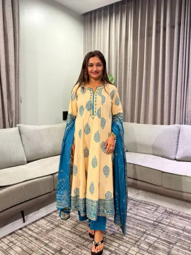 [2982] Teal Blue & Beige Paisley Mull Cotton Anarkali Set