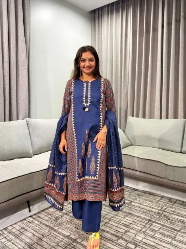[2985] Indigo Navy Blue Ajrakh Printed Mull Cotton Kurta Set