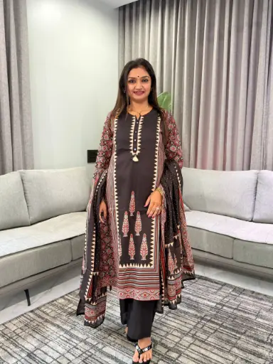 [2986] Charcoal Black Ajrakh Printed Mull Cotton Kurta Set