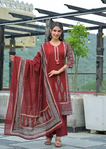 [2987] Maroon Red Ajrakh Printed Mull Cotton Kurta Set