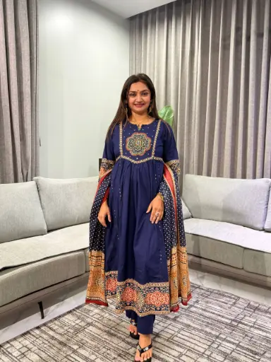 [2992] Navy Blue Anarkali Printed Mull Cotton Kurta Set