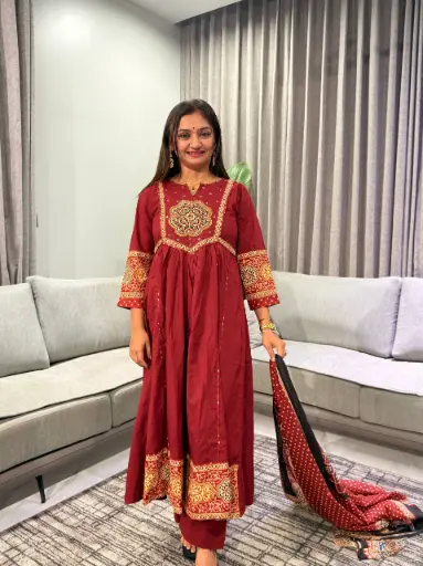 [2994] Elegant Maroon Floral Yoke Anarkali Suit Set by Pravra Fashion