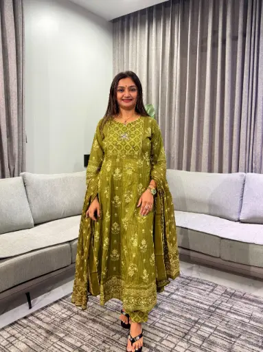 [2996] Olive Green Floral Printed Pure Mull Cotton Anarkali Kurta Set