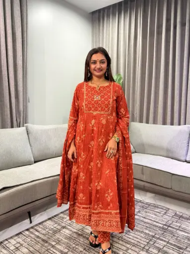 [2997] Rust Orange Printed Pure Mull Cotton Flared Anarkali Kurta Set