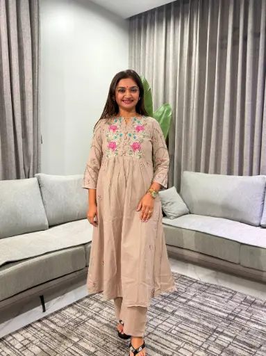 [3000] Beige Floral Embroidered Pure Soft Flex Cotton Flared Kurta Set