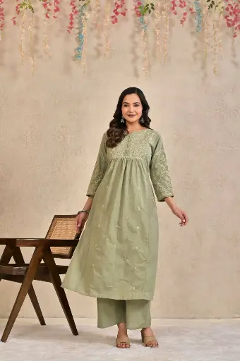 [3001] Sage Green Chikankari Embroidered Pure Cotton Flared Kurta Set
