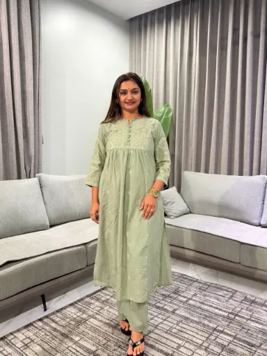 [3001] Sage Green Chikankari Embroidered Pure Cotton Flared Kurta Set