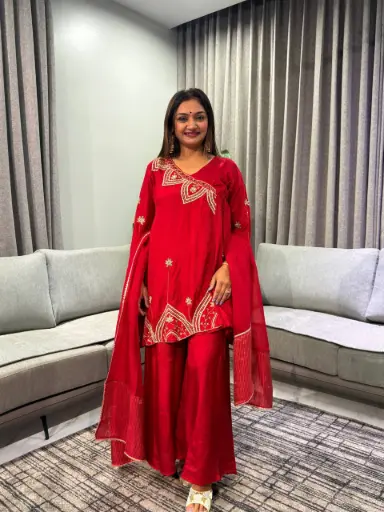 [3008] Crimson Red Zari Hand-Worked Indo-Western Co-Ord Set with Dupatta