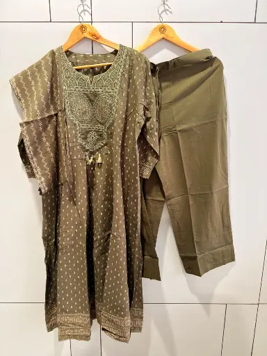 [3011] Olive Green Embroidered Yoke Mull Cotton Kurta Set