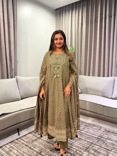[3011] Olive Green Embroidered Yoke Mull Cotton Kurta Set
