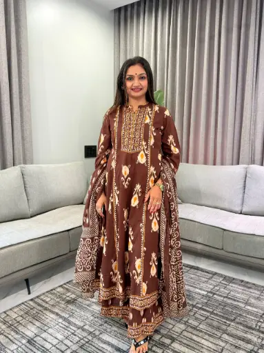 [3012] Chocolate Brown Ikat & Batik Printed Mull Cotton Kurta Set
