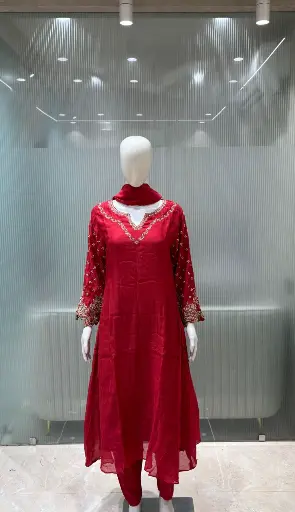 [3013] Crimson Red Hand-Embroidered Banarasi Mull Chanderi Anarkali Set