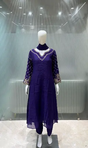 [3014] Royal Purple Hand-Worked Banarasi Mull Chanderi Suit
