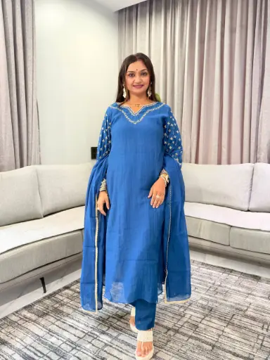 [3015] Peacock Blue Hand-Worked Banarasi Mull Chanderi Suit