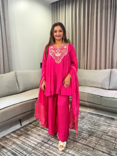 [3017] Magenta Pink Russian Silk Indo-Western 3-Piece Set