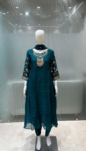 [3018] Teal Green Hand-Worked Russian Silk Kurta Set