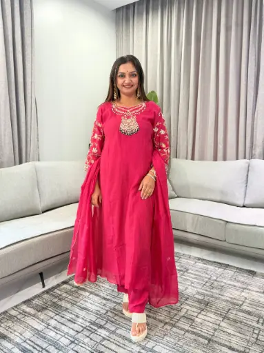 [3020] Rani Red Hand-Worked Russian Silk Kurta Set