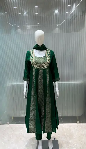 Emerald Green Hand-Worked Russian Silk Kurta Set