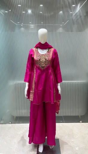 [3022] Hot Pink Hand-Worked Russian Silk Indo-Western set