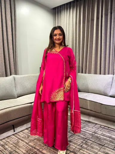 [3023] Rani Pink Angrakha Hand-Worked Russian Silk Co-ord Set